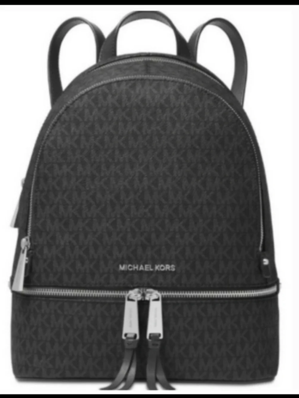 Michael Kors Rhea Medium Signature Backpack Handbag Black with Silver Hardware